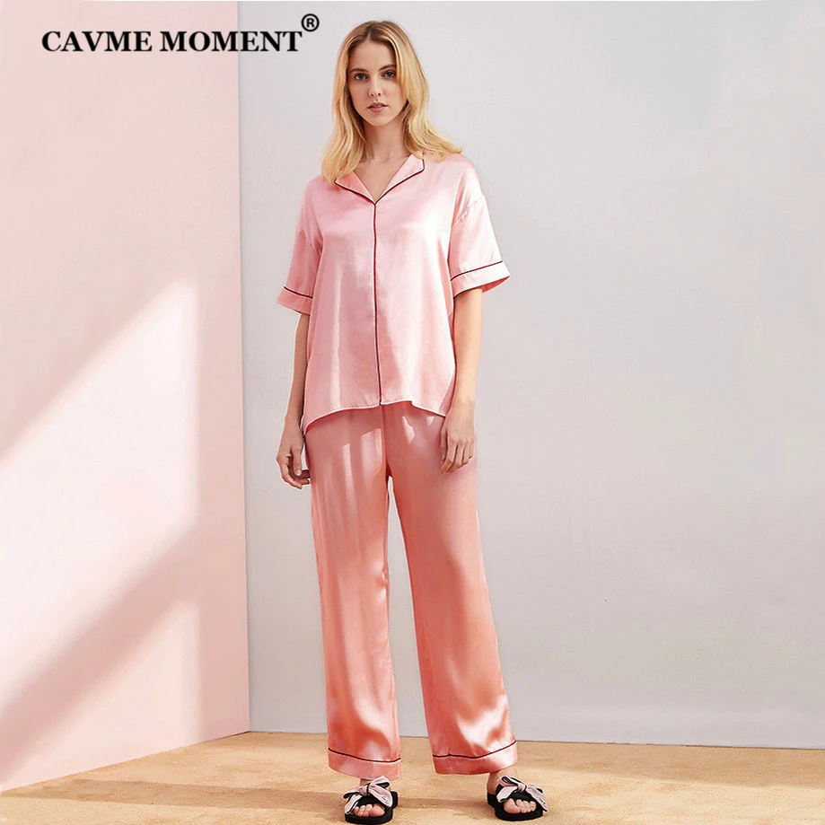 CAVME Pure Silk Pajama Sets for Women Ladies Luxury Sleepwear 2 Pieces Short Sleeve Homewear Full Pants Solid Color Nightwear
