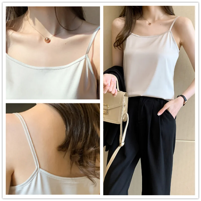 

Fashion Satin Women Tank Tops Black Sleeveless Strap Neck Streetwear Camisole S-2XL plus size crop top women white