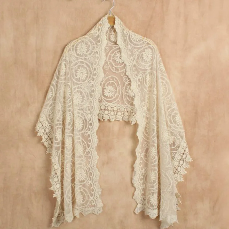 

Japanese Mori Girl Lace Floral Embroidery Crochet Shawl Women Sweet Lolita Retro Style Femme Hollow Out Mesh Sciarpa Long Scarf