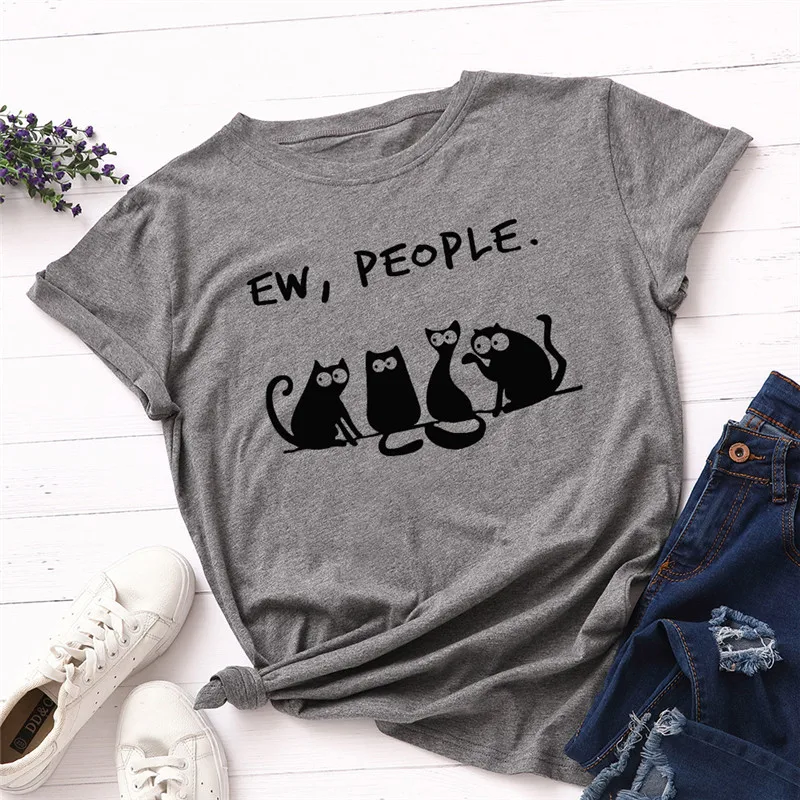 футболка оверсайз Женская с принтом кошки повседневная черная коротким рукавом