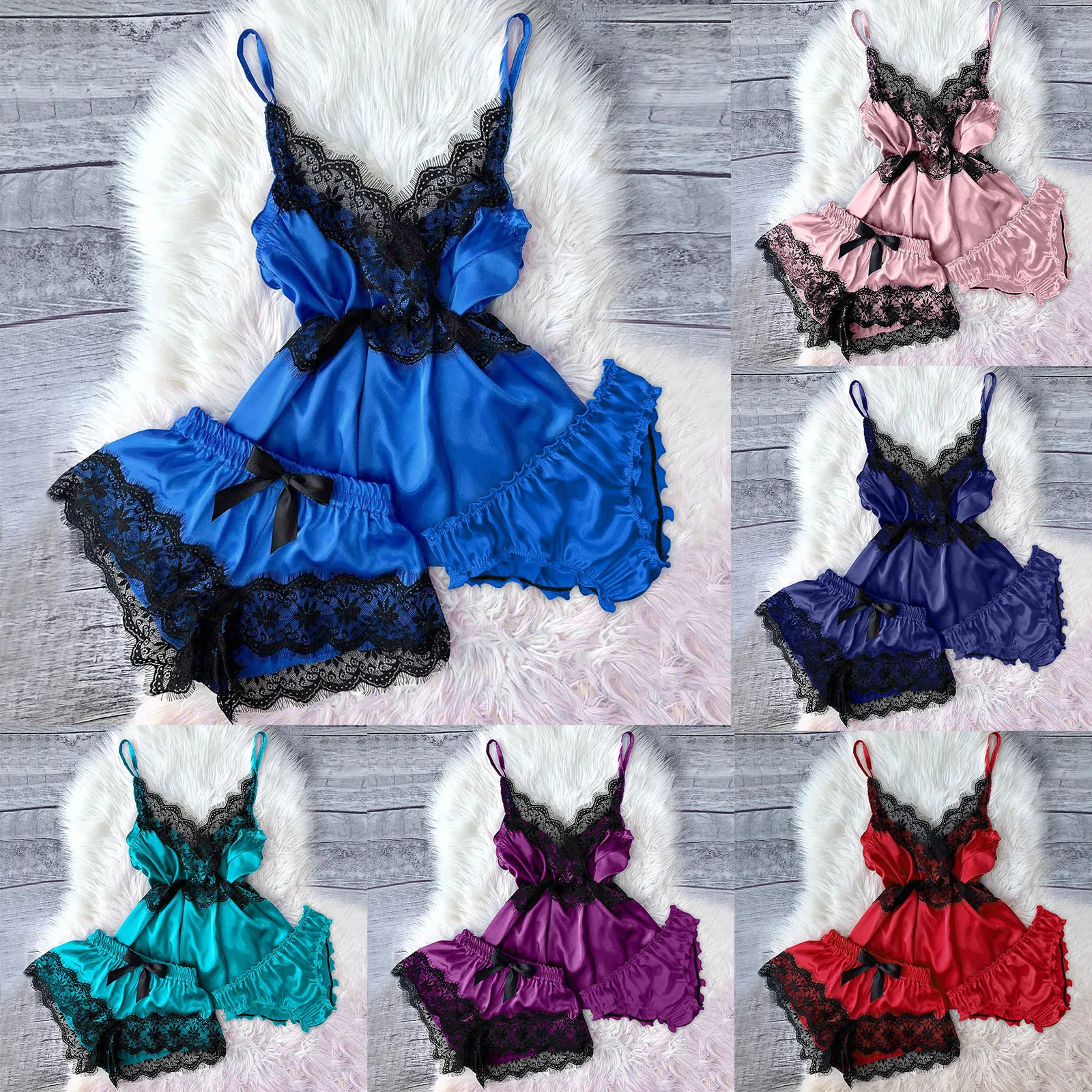 Определено льда Шелковый атласный материал пижамы одежда для сна Для женщин