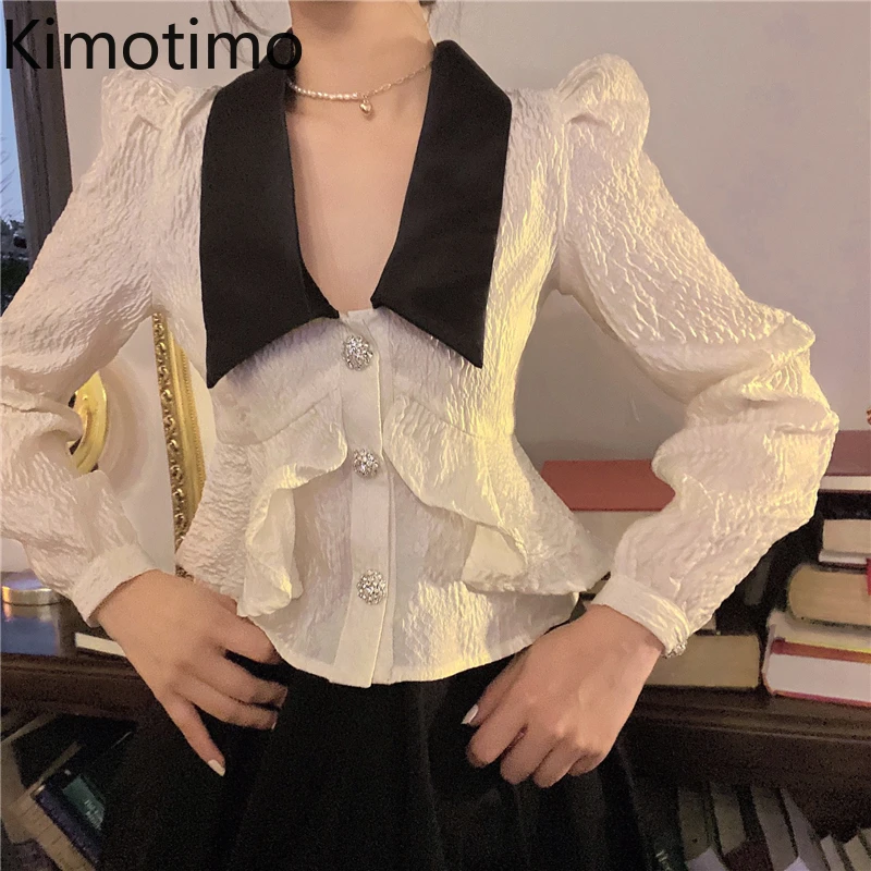 

Рубашки Kimotimo Woemns, корейский шикарный дизайн, Жаккардовые Женские топы с большим отложным воротником, осенне-зимняя Ретро блузка с пышными р...