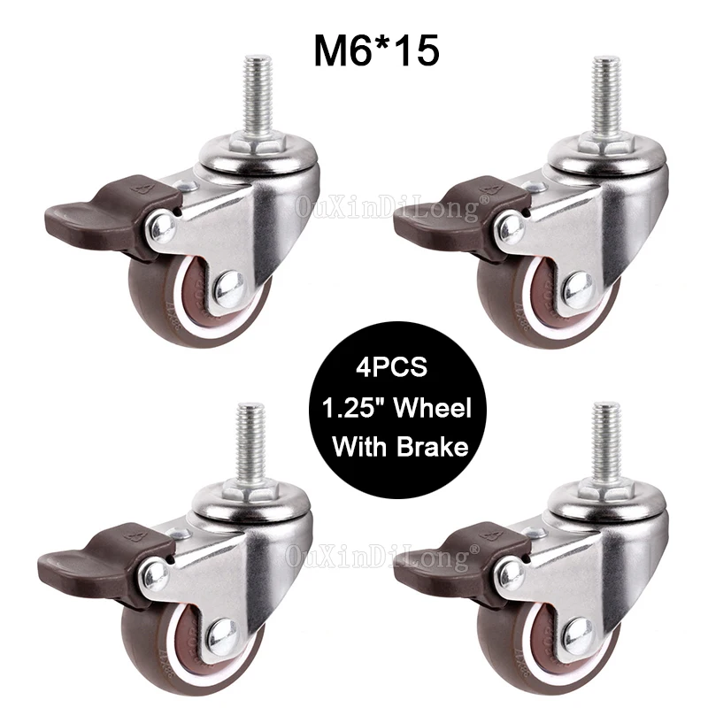 

4PCS Mini 1.25" Mute Wheel With Brake Loading 20kg Replacement Swivel Casters Rollers Wheels With M6*15 Screw Rod GF171