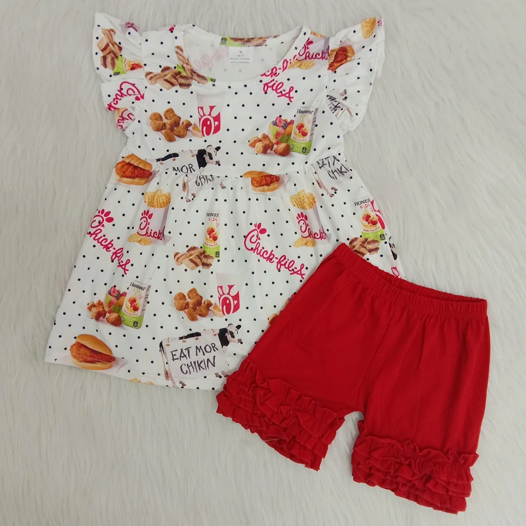 

Hot sale Cute baby hamburger and milk fabric fashion baby summer wear short sleeve kids boutique outfits