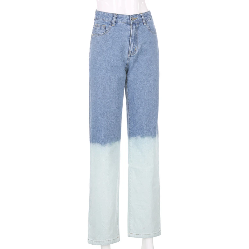 

Women Denim Pants High Waist Color Block Loose Fit Wide Leg Jeans Streetwear Pockets Zipper Ladies Trousers Patchwork Jeans