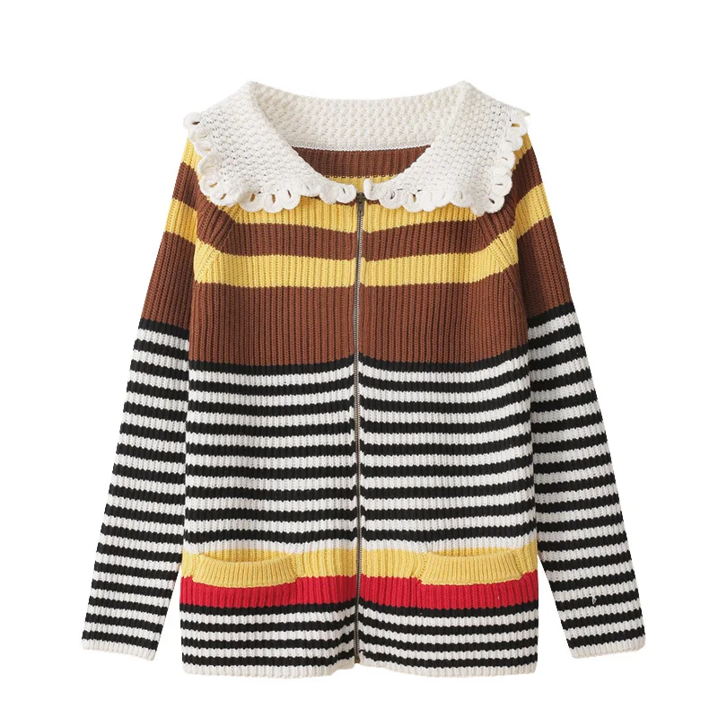 

2020 Autumn Winter Women's Wear Contrast Color Striped Lapel Turn-down Collar Long Sleeve Loose Knitted Cardigan Thick Jumpers