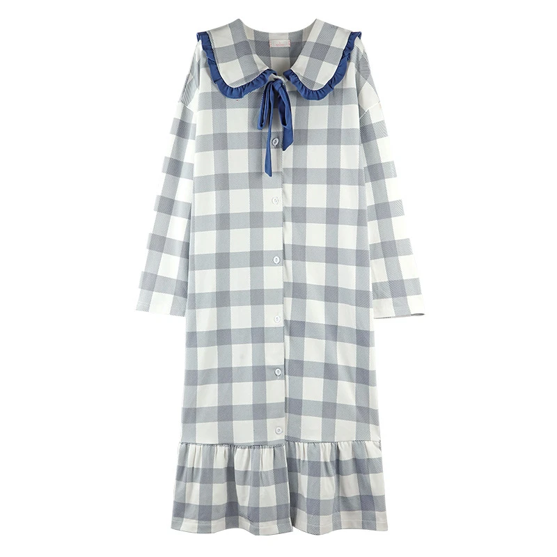 

Autumn winter casual and comfortable long-sleeved plaid cute doll collar long nightdress can be worn outside home clothes suit