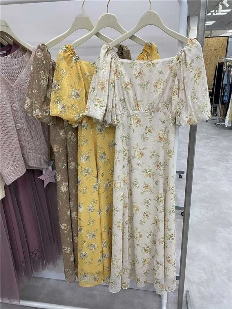 

Bornladies Japan Style Sweet Summer Women Dress Lantern Sleeve High Waist Print Bandage Mid-Calf Dresses 2021 New Design Vestido