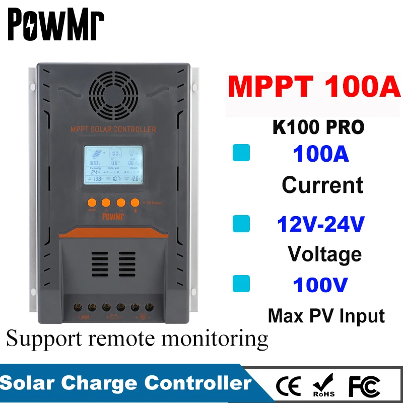 

PowMr MPPT 100A Solar Charger Controller 12V 24V Auto Battery Charge Max 100V Solar Panel Input With Backlight LCD Controller