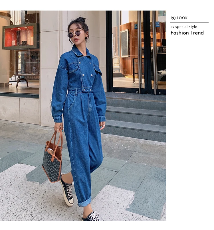 

Women Denim One Piece Pants Sets Long Sleeve Double Breasted Slim Casual Straight Jeans Jumpsuits Female Korean Overalls Rompers