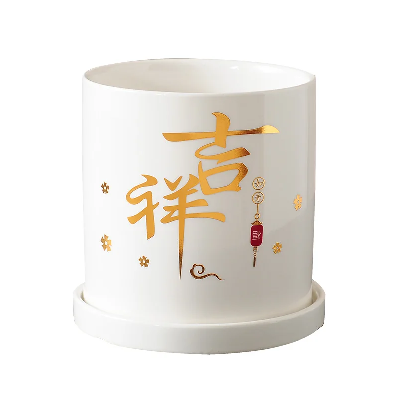 

Chinese Porcelain Modern White Lucky Cat Straight Cylindrical with Tray Special Ceramic Flower Pot Fleshy Phalaenopsis Orchid