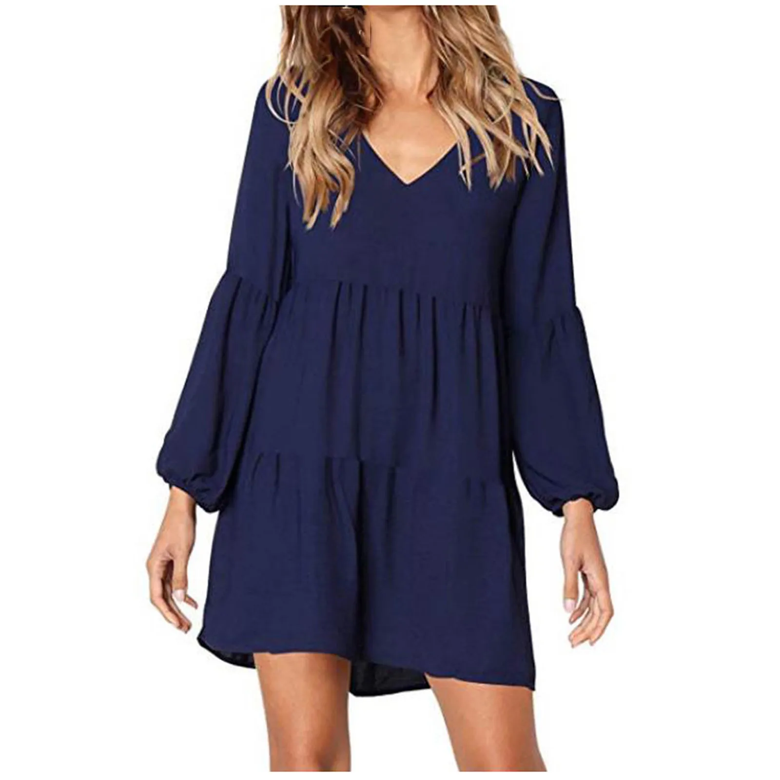 

S-xl Size 2021 New Fashion Casual Dress Women Sexy V-neck Long Sleeve Solid Loose Dress Lantern Sleeve Dress 2021