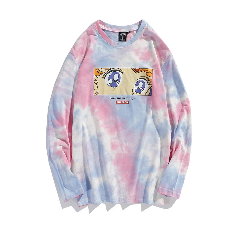 

2021 New Tie-dye Cartoon Printing T-shirt Spring Autumn Men and Women Casual Crewneck Long-sleeve T-shirt