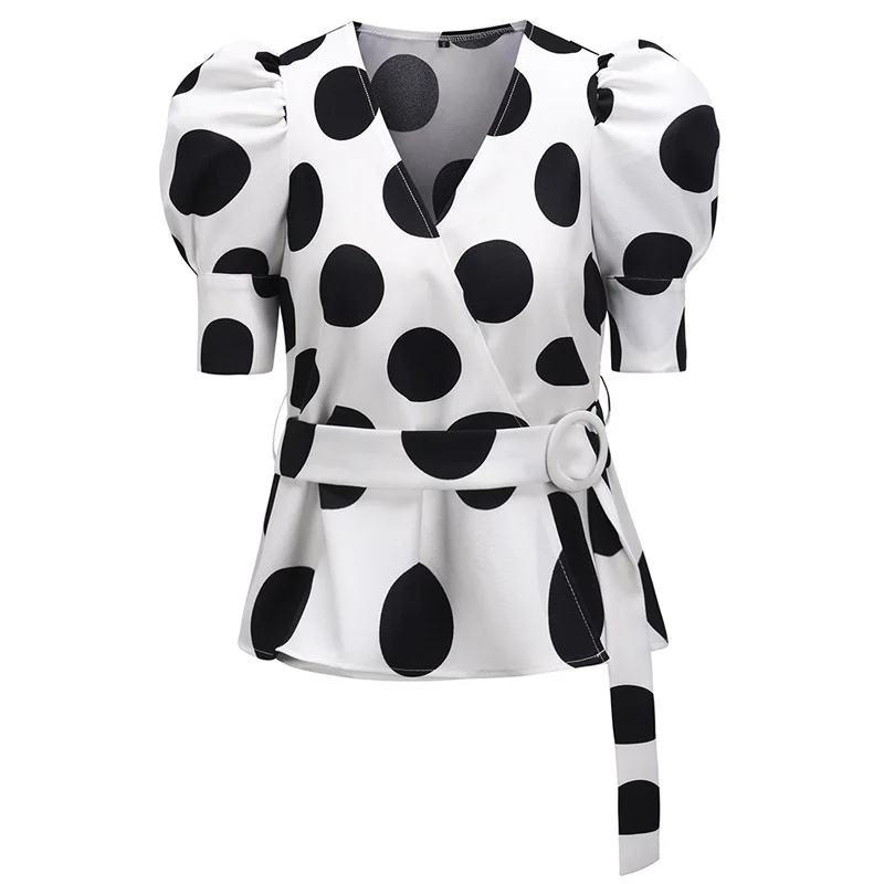 

2020 spring and summer women's tops vintage print polka dot belt shirt V-neck puff sleeves slim office ladies Blouses korean