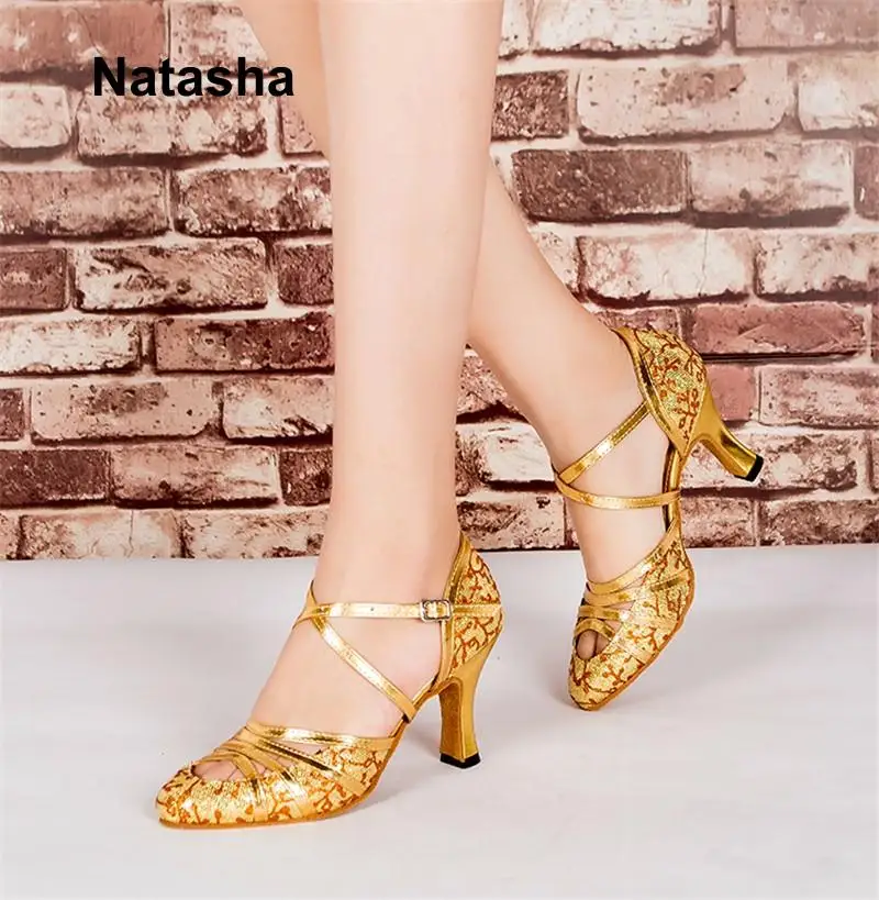 Новая обувь для латиноамериканских танцев взрослых Natasha черные золотые туфли