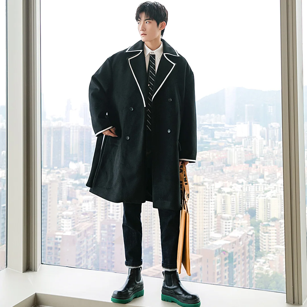 Мужская одежда IEFB Осень-зима черное шерстяное пальто средней длины свободная