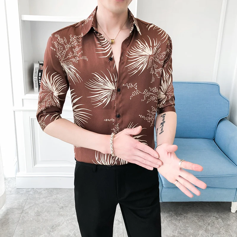 Casual Slim Fit Hawaiian Shirt Streetwear Social Nightclub Blusa High Quality Leaf Printing Men Summer Short Sleeve | Мужская одежда