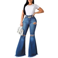 women high waist bodycon hole denim jeans slim flare pants ladies skinny full length jean hollow out ripped wide leg trousers