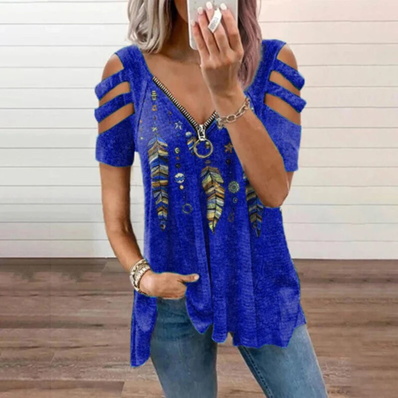 

V Neck Zipprt Short Sleeve Top Summer Sexy Women Printed Hollow Out Plus Size T Shirt Fashion Loose Off Shoulder Casual Shirts