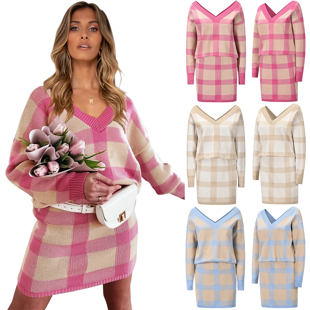 

Women's V-neck Two Pieces Plaid Knitted Sweater Outfit Pullover Dress Long sleeve Top + Bodycon Miniskirt Loungewear Outfits