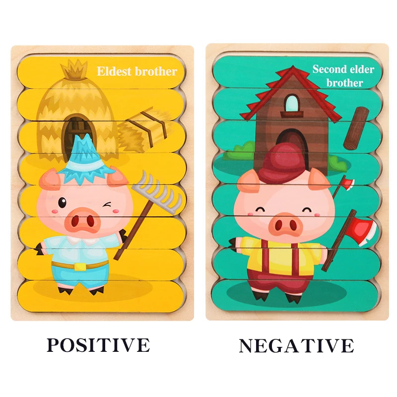 

Kid Montessori Brain Wooden Animal 3D Puzzle Toy Double-sided Strip Jigsaw Telling Story Stacking Educational Toys For Children