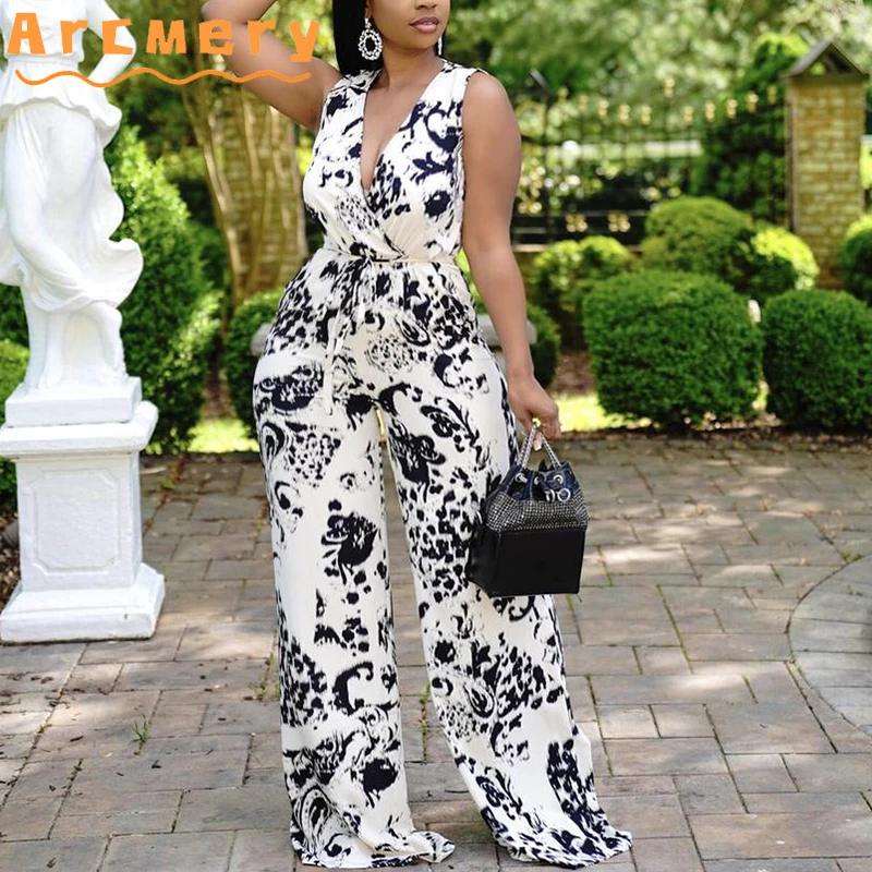 

Women V-neck Printed Belt Wide Leg Jumpsuits