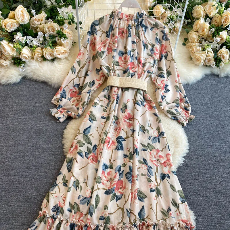 

Fashion Floral Print Long Dress Women Spring Summer Long Sleeve A Line Chiffon Dress With Sashes Ladies Elegant Party Vestidos