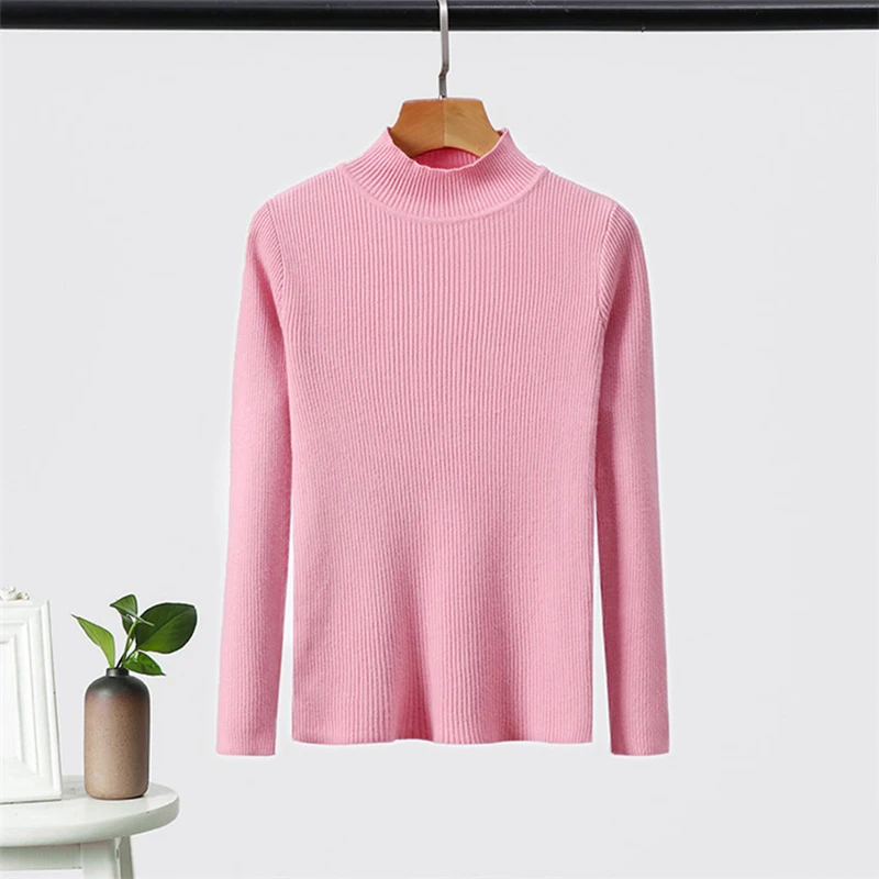 Женский трикотажный свитер-водолазка однотонный облегающий пуловер в полоску с