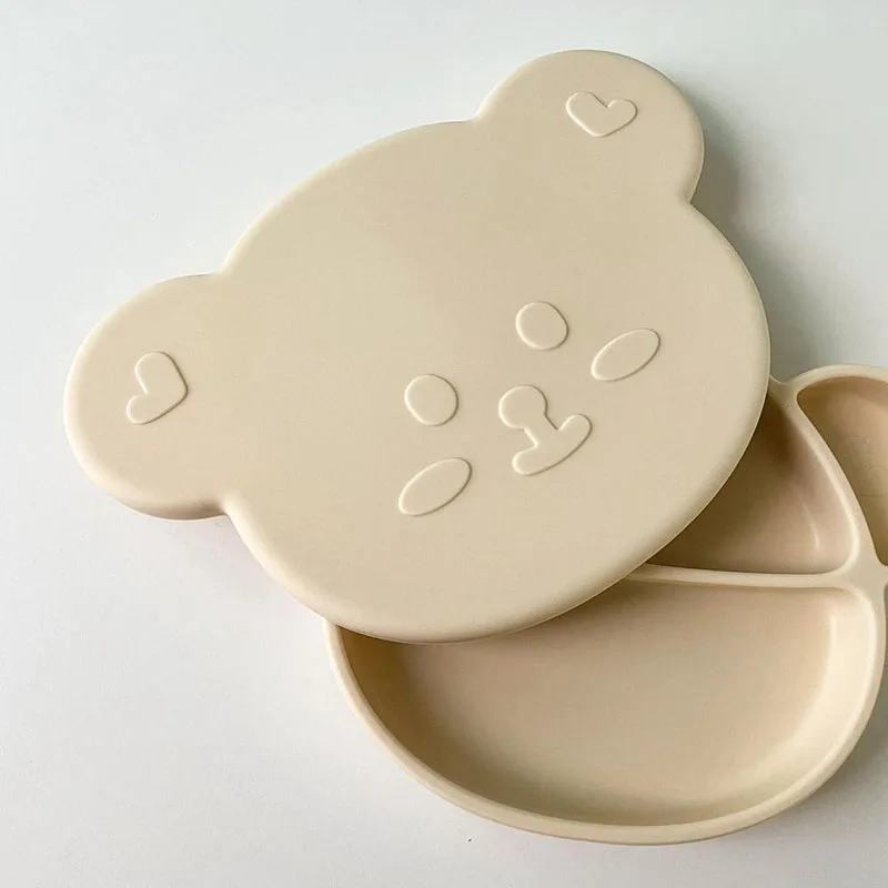 

MILANCEL 2022 New Baby Dinner Plate Cute Bear Newborn Tableware Silicone Solid Bowl Korean Dinnerware Free Cover