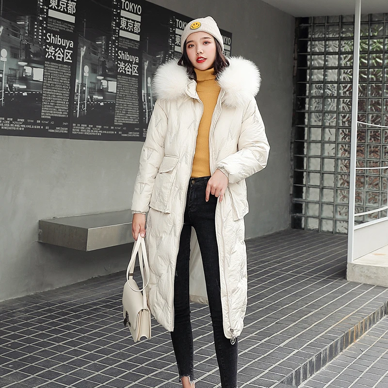High Quality Winter Jacket Women Cotton Padded Outwear Female X-long Coat Hooded With Fur Loose Parka Korean Style - Цвет: Белый