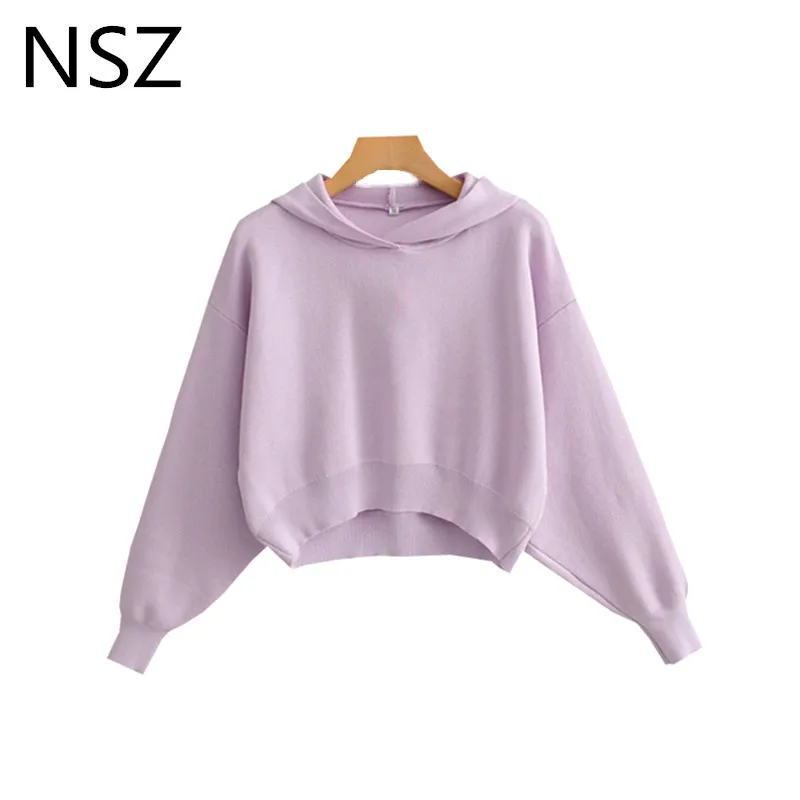 NSZ женский ТРИКОТАЖНЫЙ УКОРОЧЕННЫЙ ТОП с капюшоном толстовка длинным рукавом