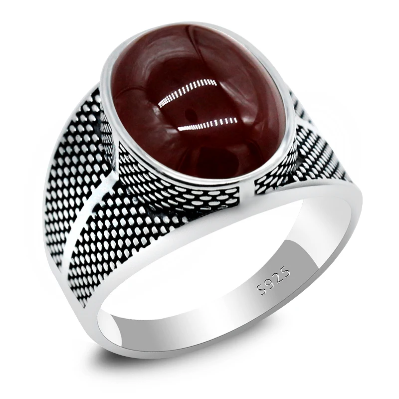 

925 Sterling Silver Men's Large Stone Ring Natural Wine Red Agate Retro Punk Thai Silver Ring Men and Women Turkish Jewelry