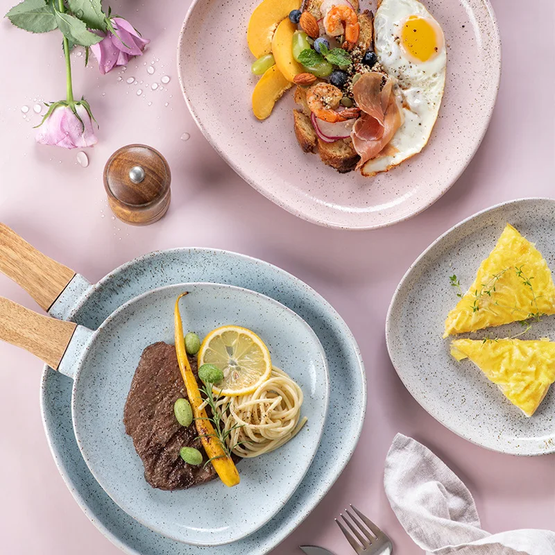 Ретро деревянная ручка круглая керамическая обеденная тарелка неправильная