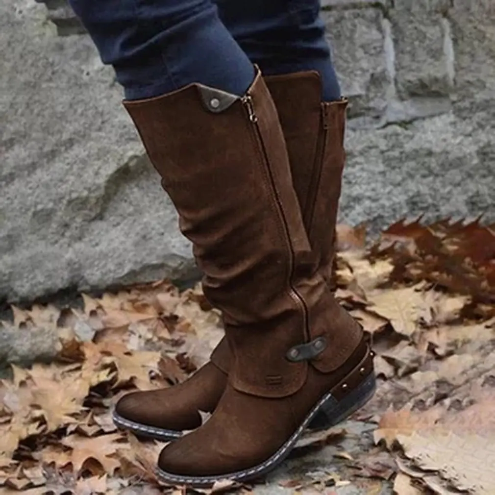 

BIG SALE!Knee High Boots Cowboy Knee Boots Warm Zip Platform Long Boots Ladies Vintage Low Heel Women Boots For Women