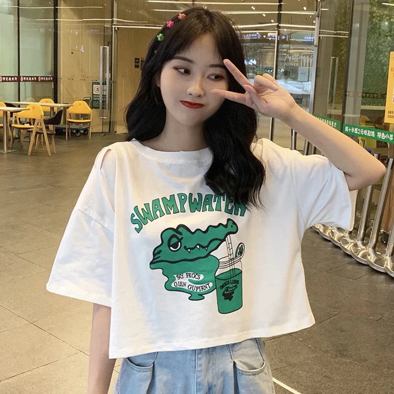 Футболка женская с коротким рукавом модный Свободный шикарный укороченный топ в