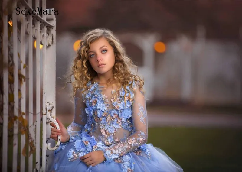 Blue Princess Flowers Girls Dresses For Wedding Long Sleeve Appliques Beads Ball Gown Kids Pageant Gowns First Communion Dress | Детская