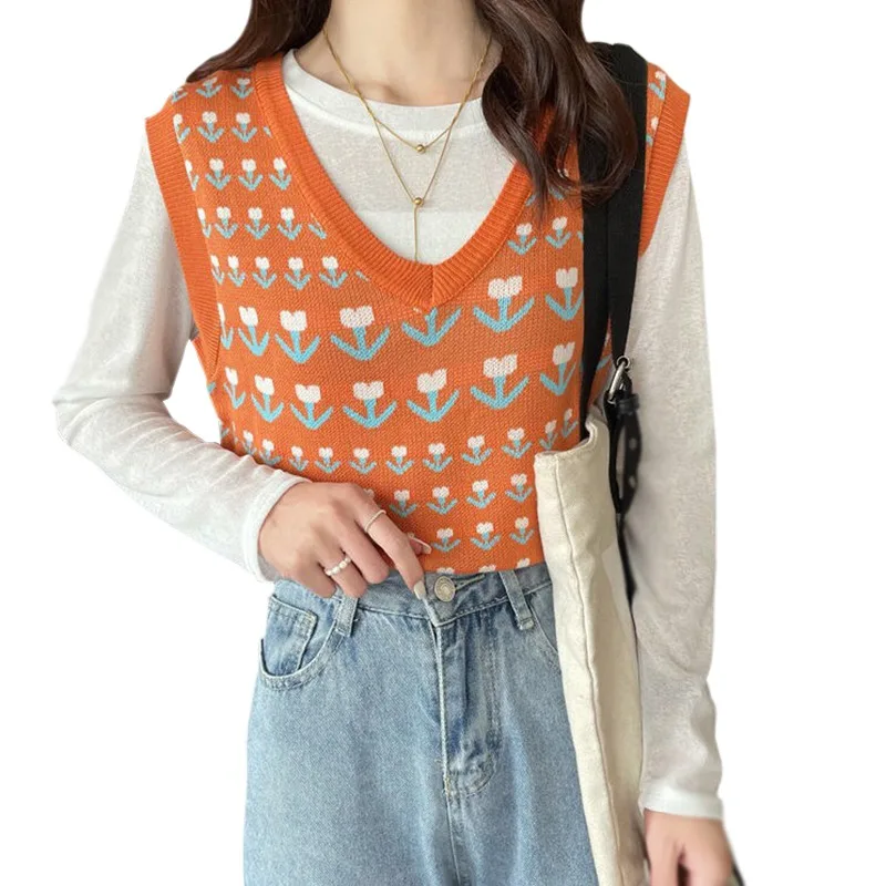 

Autumn Chic Floral Printed Sleeveless Knitting Vest Woman New Ins Fashion Vintage V-neck Versatile Short Vest Tide