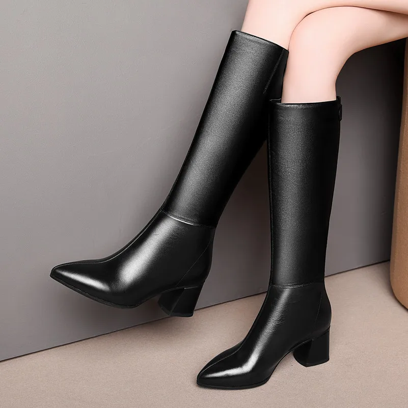 

Meotina Winter Knee High Boots Women Natural Genuine Leather Thick High Heel Long Boots Zipper Pointed Toe Shoes Lady Fall 33-43