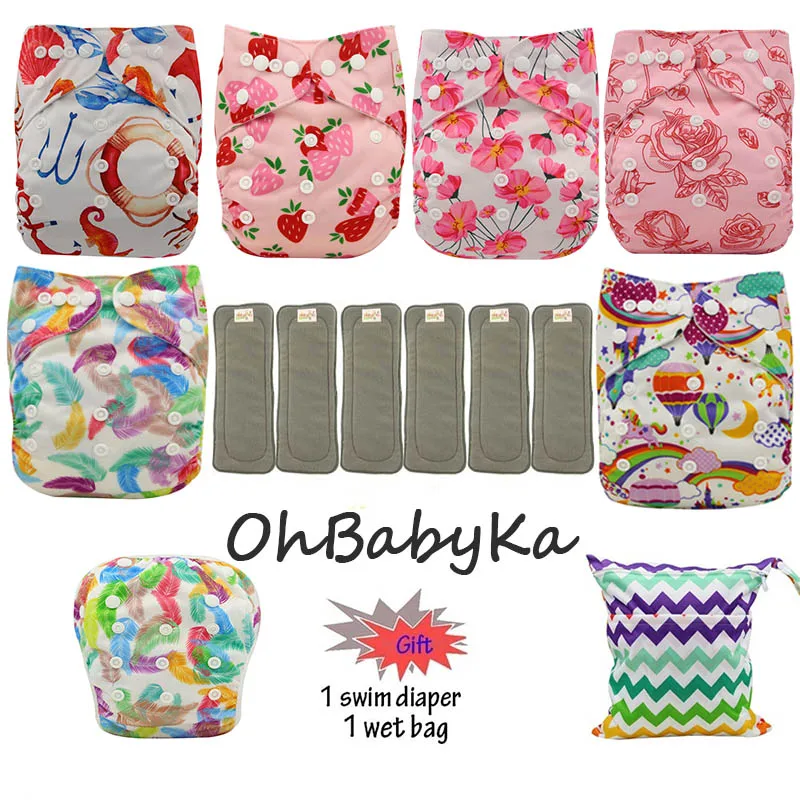 OhBabyKa детская Пеленка из моющейся ткани бамбуковый уголь Многоразовые Все-в-два карман подгузник Регулируемый+ 6 шт бамбуковые вставки детские подгузники - Цвет: 12