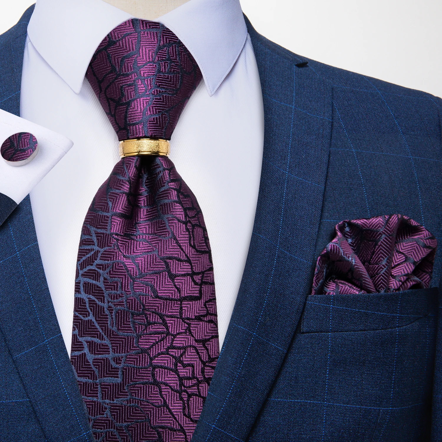 

DiBanGu Purple Floral Paisley Silk Tie Pocket Square Cufflinks Neck Tie Ring Set Men Wedding Formal Business Party Necktie