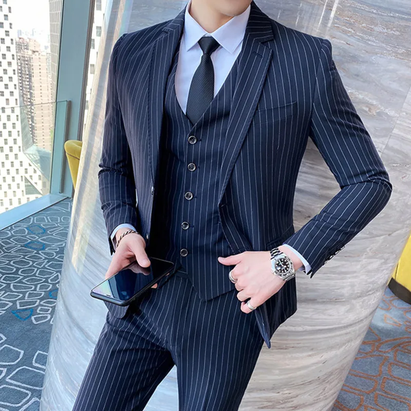 

Wedding Mens Suit Jacket Vest Pants Trousers 3 Pieces Set Slim Fit Business Stripe Costume Homme Male Formal Groom Clothes 2021
