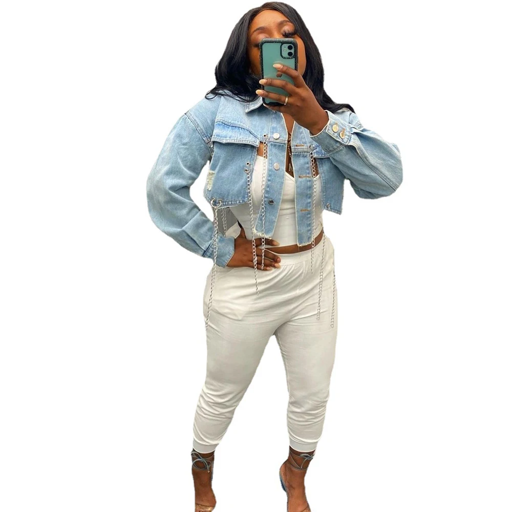 

Cool Summer Spring Short Hole Asymmetry Denim Jacket Cropped Tops Fashion Backless Chain Long Sleeves Lapel Outerwear 2021
