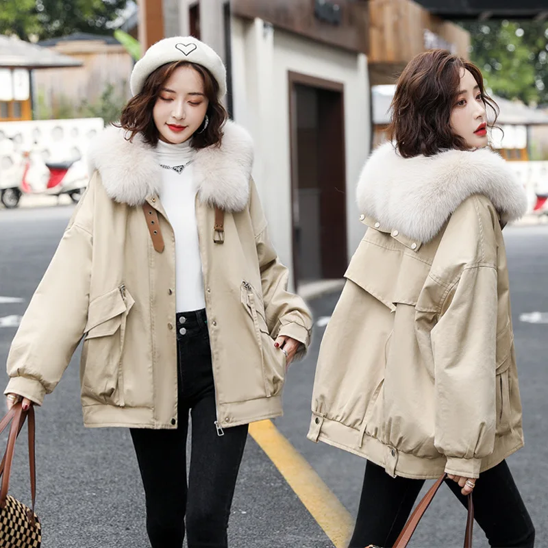 

Pass women's 2021 winter new temperament fox hair navy fur collar fur plus velvet thick warm coat