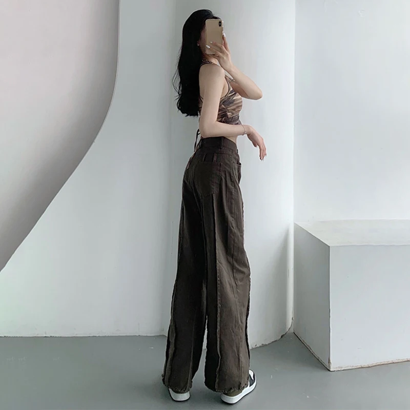 

CHICEVER Streetwear Oversize Jeans Woman High Waist Full Length Patchwork Raw Hem Straight Wide Leg Denim Pant Female Autumn New