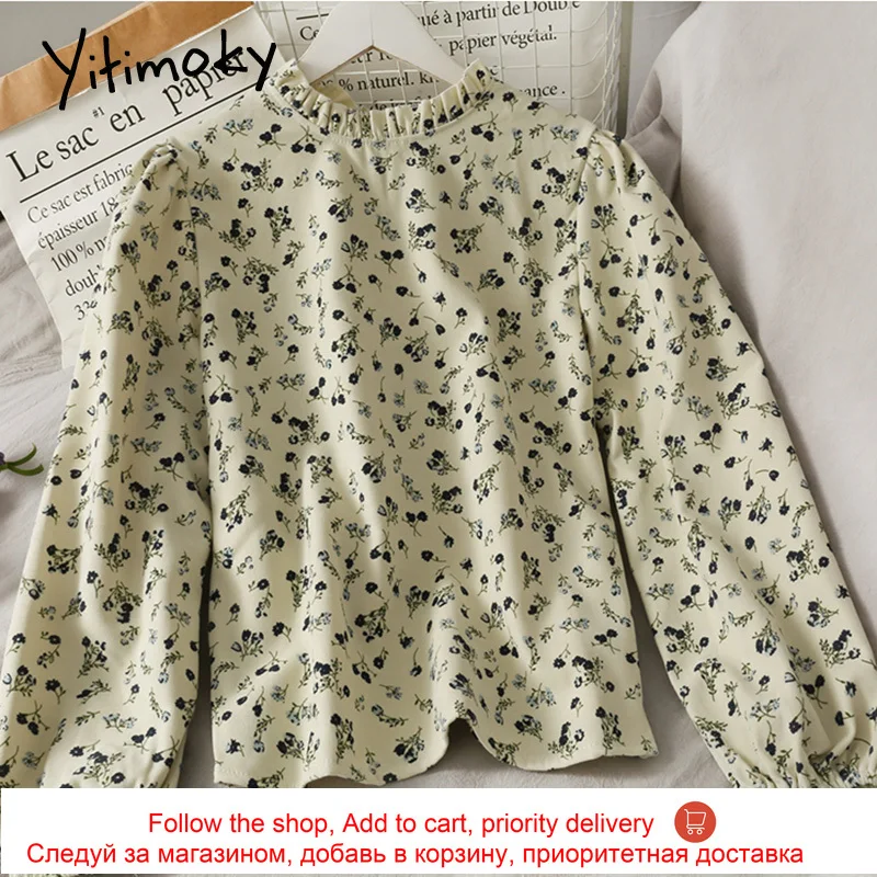 

Yitimoky Blouses Women Spring 2021 Korean Fashion Long Sleeve Puff Sleeve Top Print Shirt Puff Sleeve Edible Tree Fungus Clothes
