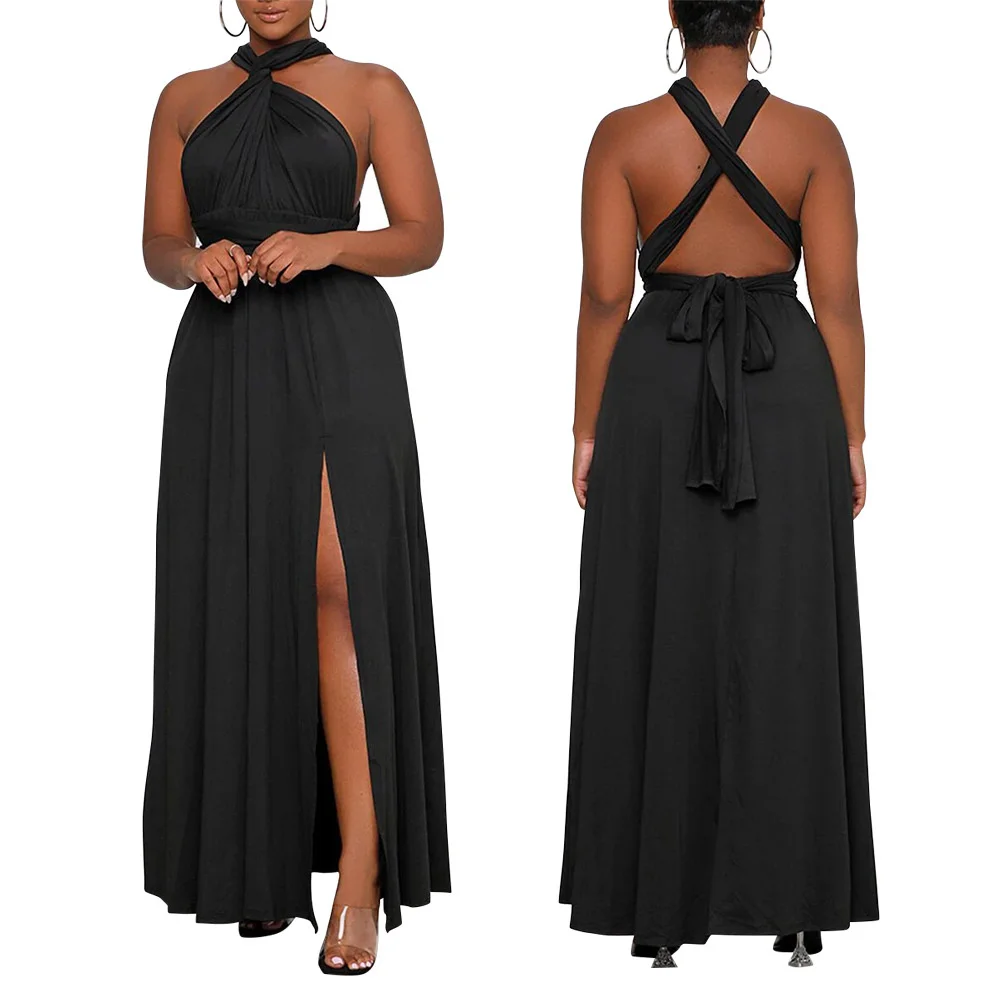 

Zoctuo Black Pink Maxi Dresses For Women Fashion Plus Size Dress Turtleneck Backless Cross Club Sexy Slit Female Clothing Summer
