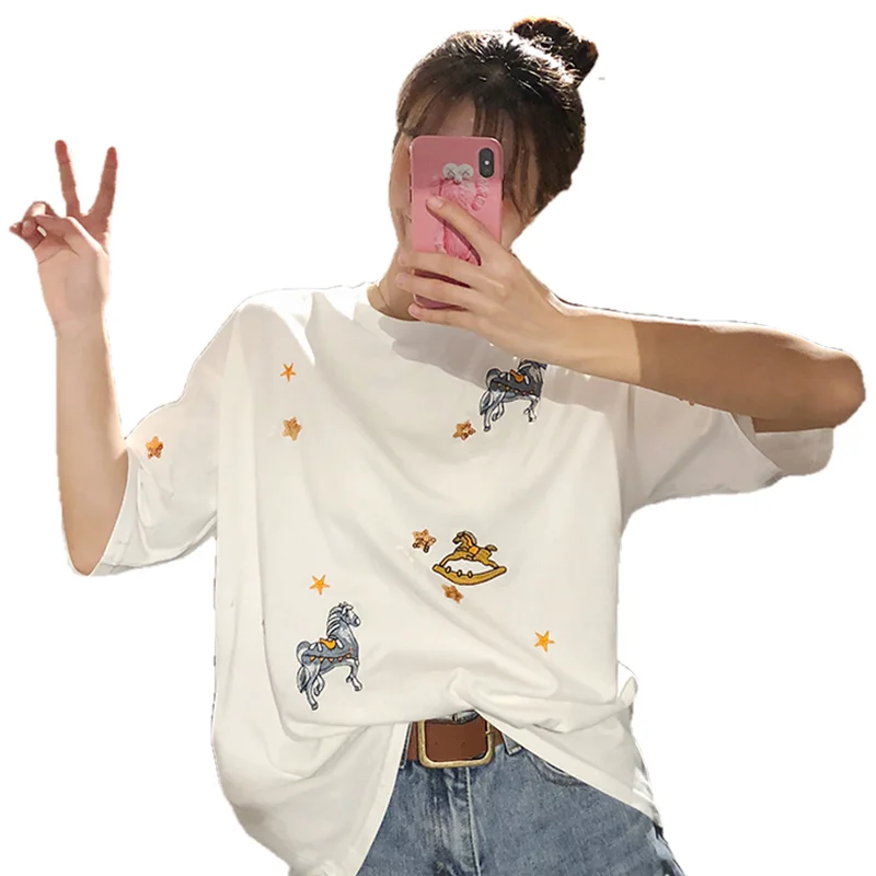 

Women Embroidery Oversized T Shirt Black White Short Sleeve O-Neck Casual Tees