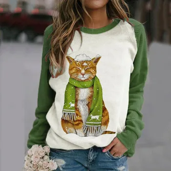 Green Scarf Cat Print Hoodie Sweatshirt Women 2021 Autumn O Neck Long Sleeve Pullover Tops Retro Elegant Harajuku Sweatshirts 1