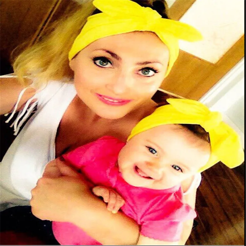 

2pieces/set Solid Cotton Rabbit Ear Headband For Mom And Girls Women Baby Kids Knotted Bow Hairband Headwraps 5 Colors