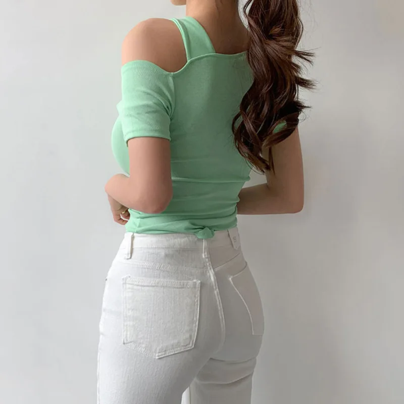 

2021 New Summer Design Sense Twisted Hollow Short-sleeved T-shirt Strapless Tight-fitting Slimming Short Crop Y2k Top Women